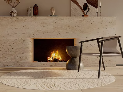 Modern Leisure Chair in Cozy Living Space with Burning Fireplace Round Rug and Mantel Decor 3d model