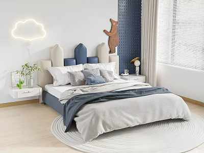 Kids Bed With Cloud Shaped Headboard Blue Beige Bear Decor Cloud Lamp And Gray Bedding 3d model