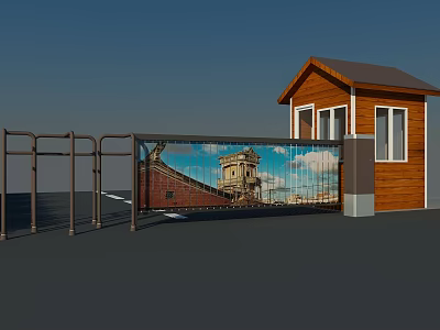 Public Facility Entrance With Wooden Guardhouse And Decorative Metal Gate 3d model