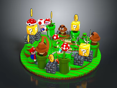 Mario Game Landscape With Red Mushrooms Green Pipes Brick Paths Question Mark Blocks And Coins 3d model