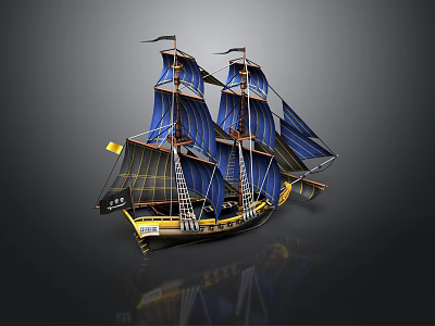 Vintage Sailing Ship Model With Blue Sails Black Hull And Yellow Accents 3d model