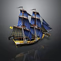 Vintage Sailing Ship Model With Blue Sails Black Hull And Yellow Accents