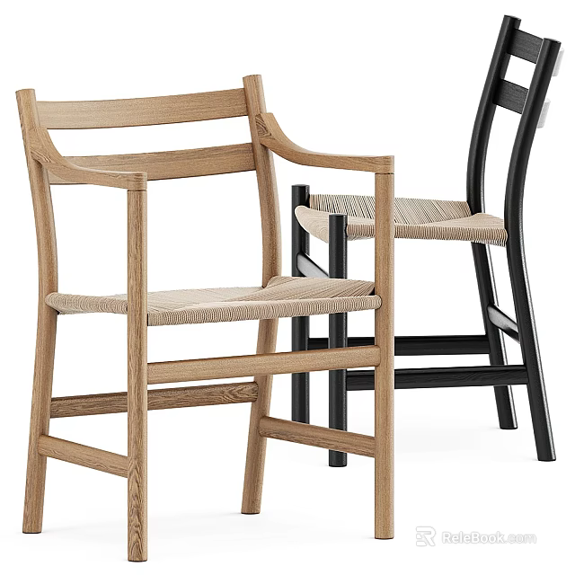 Minimalist Wooden Armchairs With Woven Seats In Natural And Black Tones 3d model 