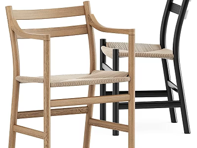 Minimalist Wooden Armchairs With Woven Seats In Natural And Black Tones 3d model