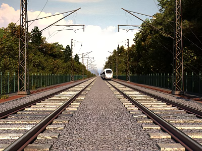 High Speed Train Running On Railway Track Surrounded By Trees 3d model