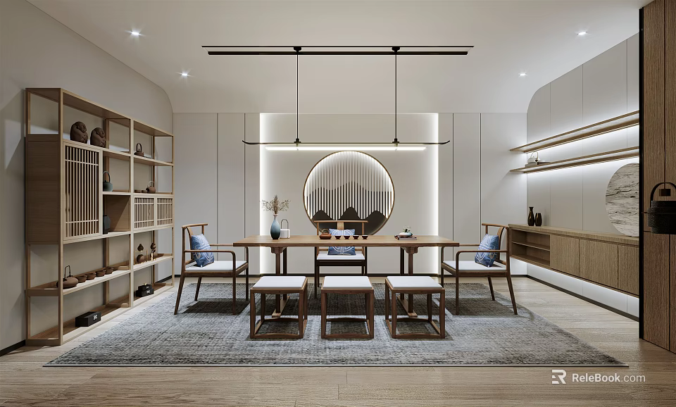 Traditional Chinese Tea Room Interior Design With Wooden Table Chairs Round Mirror Shelves And Rug 3d model 