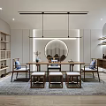 Traditional Chinese Tea Room Interior Design With Wooden Table Chairs Round Mirror Shelves And Rug