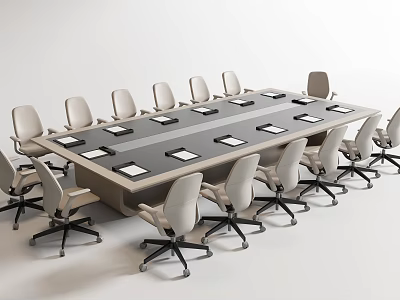 Large Conference Table With White Office Chairs And Black Panel For Meeting Room 3d model