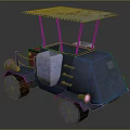 Blue Industrial Cart With Rusted Metal Roof Storage Boxes And Large Wheels