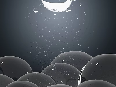 Black Transparent Spheres With Water Drops And Light Reflections On Dark Background 3d model