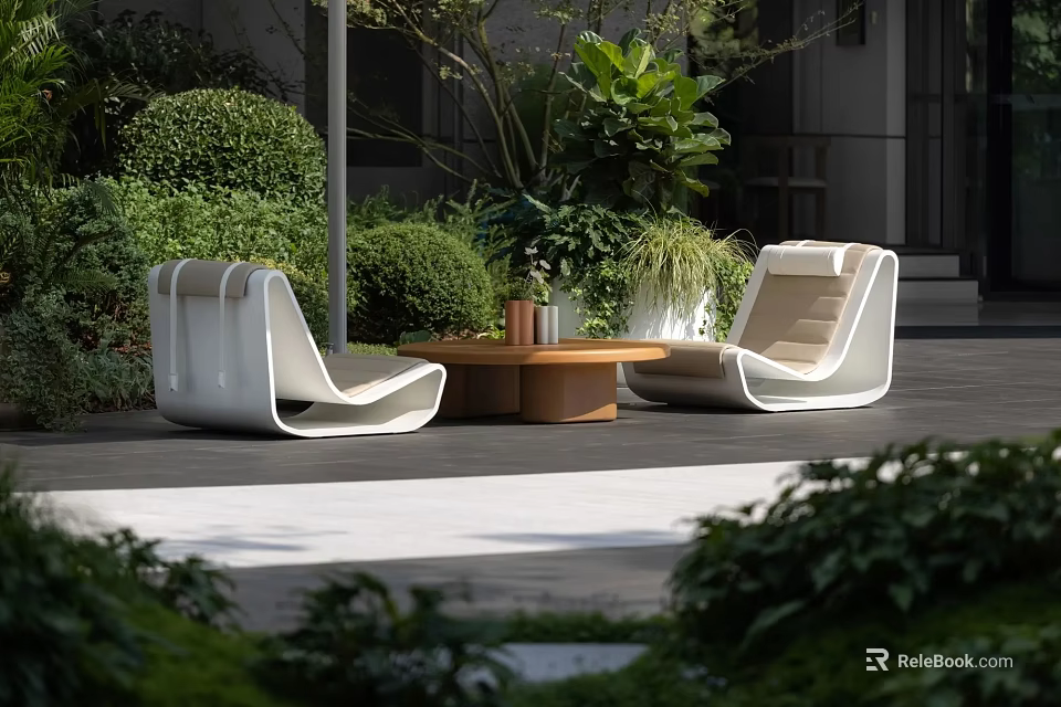 Modern Outdoor Sofa Design With White Frames Coffee Table And Green Plants Around 3d model 