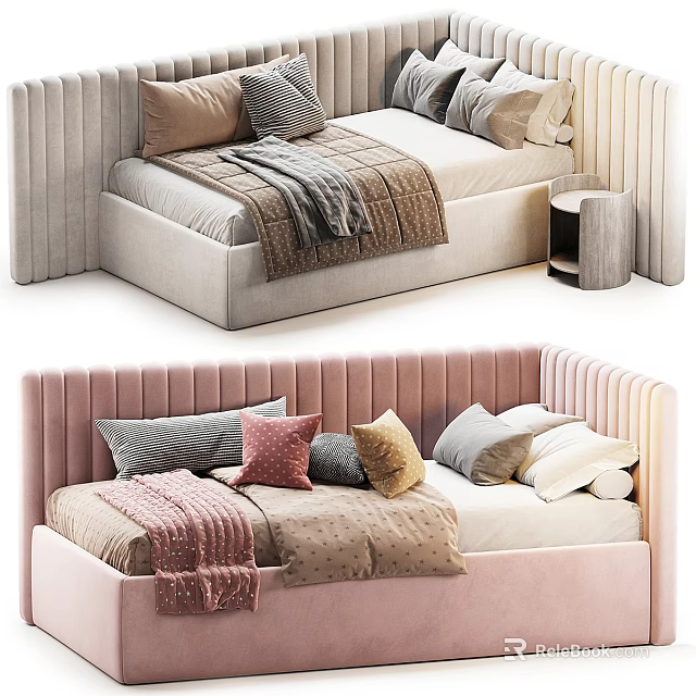 Comfortable Kids Bed Design With Upholstered Headboard Decorative Pillows And Blanket 3d model 