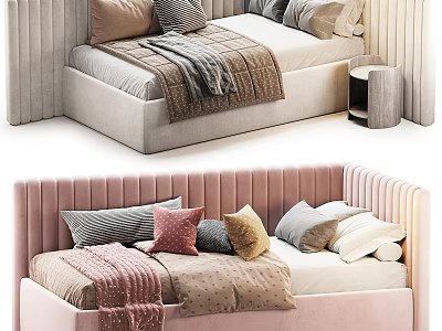 Comfortable Kids Bed Design With Upholstered Headboard Decorative Pillows And Blanket 3d model