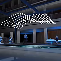 Futuristic Exhibition Display With Illuminated Pillars And Central Exhibit In Modern Architectural Space