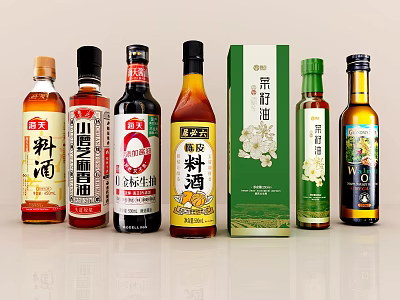 Different Types of Colorful Condiment Bottles with Chinese Labels Arranged Neatly in Kitchen 3d model