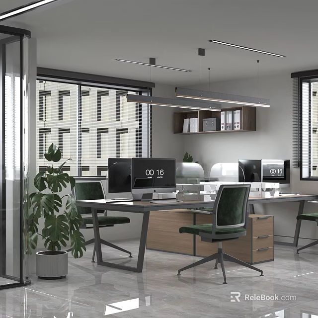 Modern Public Office Area With Desks Computers Ergonomic Chairs Large Windows And Potted Plants 3d model 