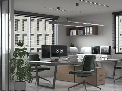 Modern Public Office Area With Desks Computers Ergonomic Chairs Large Windows And Potted Plants 3d model