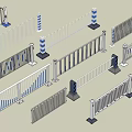 Various Types of Road Safety Barriers With White Metal Railings And Blue Stripes