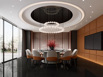 Luxurious Private Dining Room With Round Table And Chandelier 3d model
