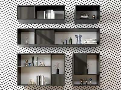 Modern Black Wall Cabinets On Black And White Chevron Wall With Books Vases Decorative Items 3d model