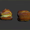 Fresh Appetizing Muffins With Red Top Yellow Filling And Powdered Sugar On Black Background