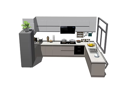 Modern Kitchen Interior Design With Cabinets Counter Appliances Window And Plant 3d model