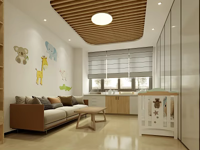 Kids Playroom Interior With Wooden Ceiling Animal Stickers Sofa Window Blinds And White Cabinet 3d model