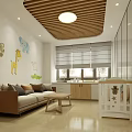 Kids Playroom Interior With Wooden Ceiling Animal Stickers Sofa Window Blinds And White Cabinet