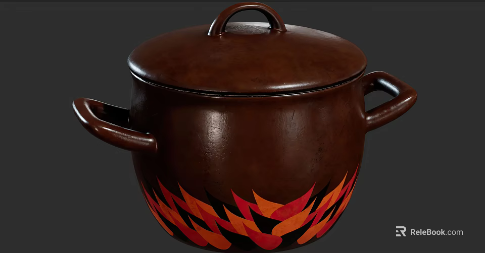 Brown Ceramic Cookware with Lid Two Handles and Flame Pattern Design 3d model 