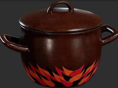 Brown Ceramic Cookware with Lid Two Handles and Flame Pattern Design 3d model