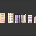 Colorful Cartoon Building Models With Various Styles And Reflections On Shiny Surface