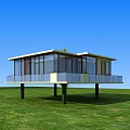 Modern Style Vacation Home Building With Roof Garden And Glass Windows On Green Grassland