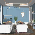 Elegant SPA Sauna Room With Two Massage Beds White Sheets Blue Walls And Mirror