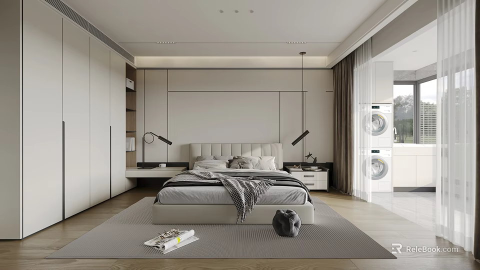 Modern Bedroom Interior Design With Large Bed Wardrobes Rug And Bedside Lamps 3d model 
