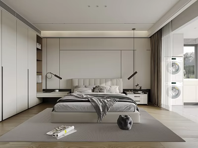 Modern Bedroom Interior Design With Large Bed Wardrobes Rug And Bedside Lamps 3d model