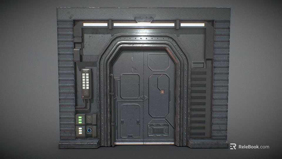 Sci Fi Industrial Entry Gate With Metal Frame Double Doors Control Panel And Lighting 3d model 