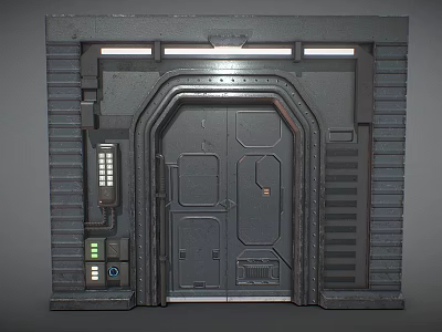 Sci Fi Industrial Entry Gate With Metal Frame Double Doors Control Panel And Lighting 3d model