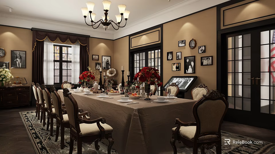 Classic Vintage Restaurant Interior With Long Dining Table Chandelier Framed Photos And Flower Arrangements 3d model 