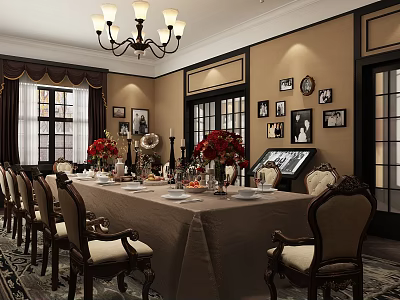 Classic Vintage Restaurant Interior With Long Dining Table Chandelier Framed Photos And Flower Arrangements 3d model