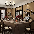 Classic Vintage Restaurant Interior With Long Dining Table Chandelier Framed Photos And Flower Arrangements