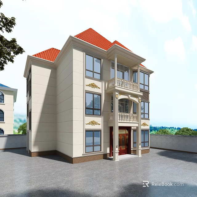 Two Story Detached Villa With Red Roof Beige Exterior Walls Balconies Red Door And Windows 3d model 