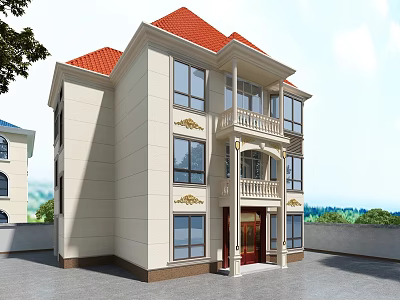 Two Story Detached Villa With Red Roof Beige Exterior Walls Balconies Red Door And Windows 3d model