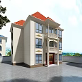 Two Story Detached Villa With Red Roof Beige Exterior Walls Balconies Red Door And Windows