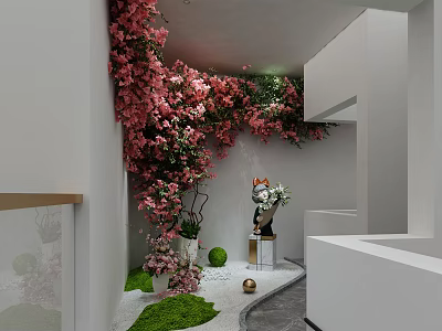 Indoor Garden Interior With Pink Flowers Green Plants And Decorative Elements 3d model
