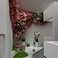 Indoor Garden Interior With Pink Flowers Green Plants And Decorative Elements