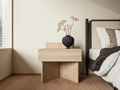 Wooden Side Table With Black Vase And Dried Flowers In Modern Bedroom 3d model