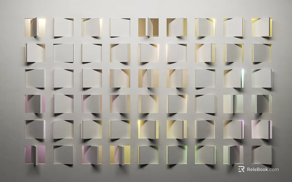 Modern Elegant Bedroom Accent Wall With Geometric Square Panels And Gradient Colors 3d model 