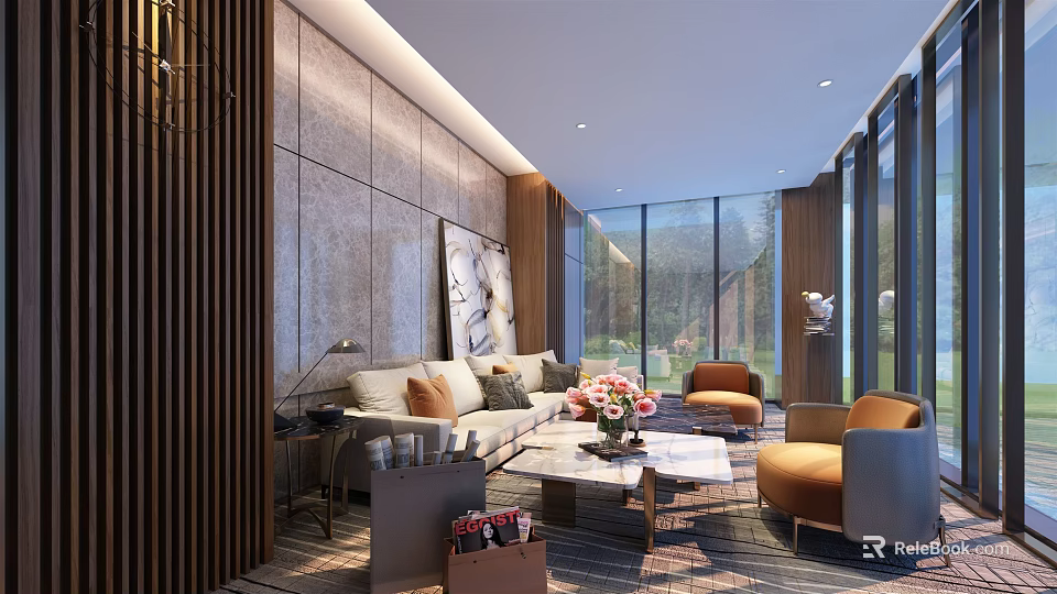 Modern Reception Room Interior With Sofa Accent Chairs Coffee Table And Floor To Ceiling Windows 3d model