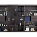 Modern Wooden Bookcase With Yellow Doors Striped Panels Books Vases And Decorative Ornaments