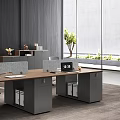 Modern Office Desk With Partition Screens Computer Monitors File Cabinets And Greenery
